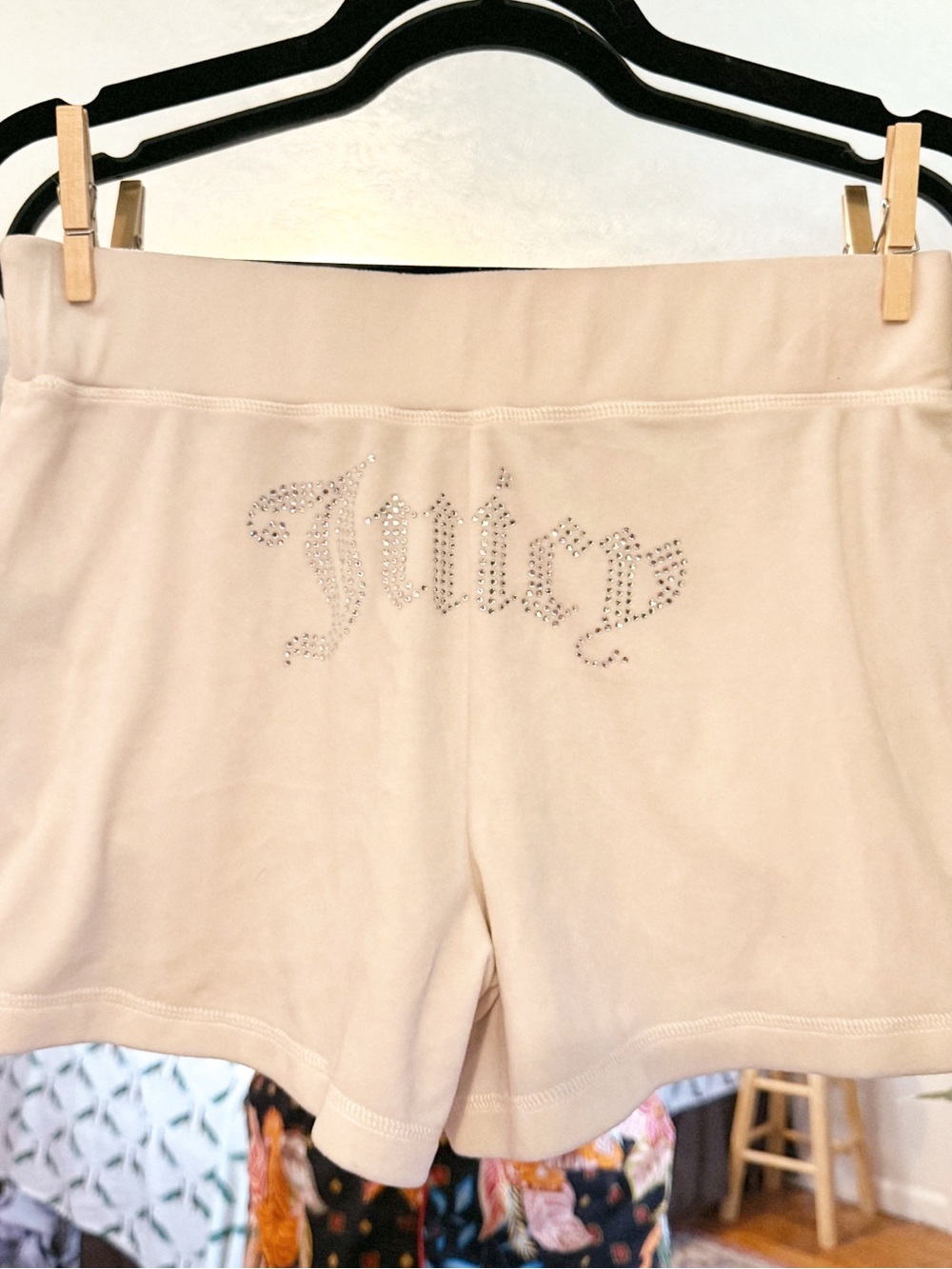 Y2K Juicy Couture white embellished velvet shorts